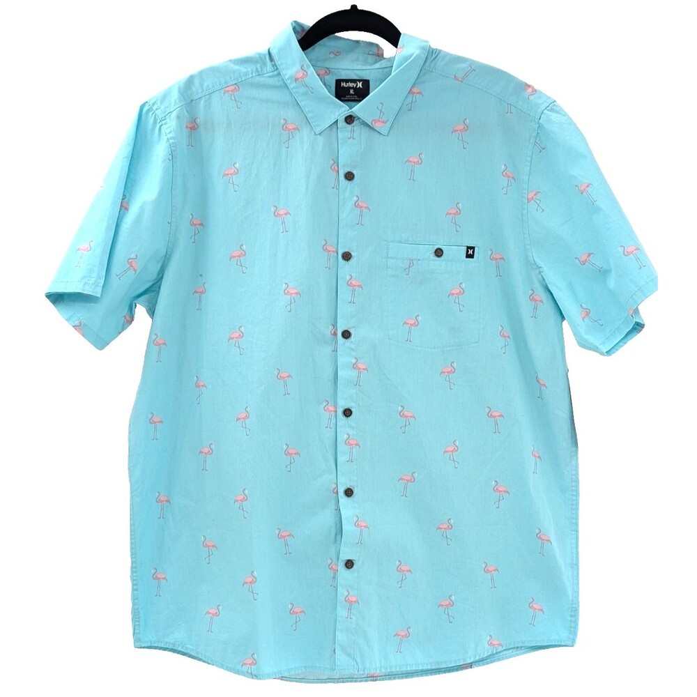 Hurley Flamingo Light Blue Pink Birds Tropical Short Sleeve Button Up Size XL